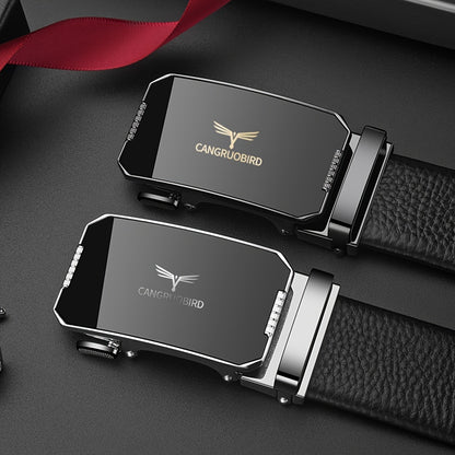 1pc Men'S Adjustable Automatic Buckle Belt - Sleek Black Faux Leather, Alloy Buckle, Stylish for Business & Casual Attire