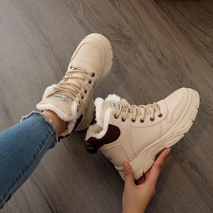Women's Insulated Winter Boots with Plush Collar & Thick Sole - White Faux Cover Round-Toe Lace-Up Ankle Boots, Cushioned Insole & Arch Support, Warm TPU Outsole for Cold Weather, Casual to Semi-Formal Outfits