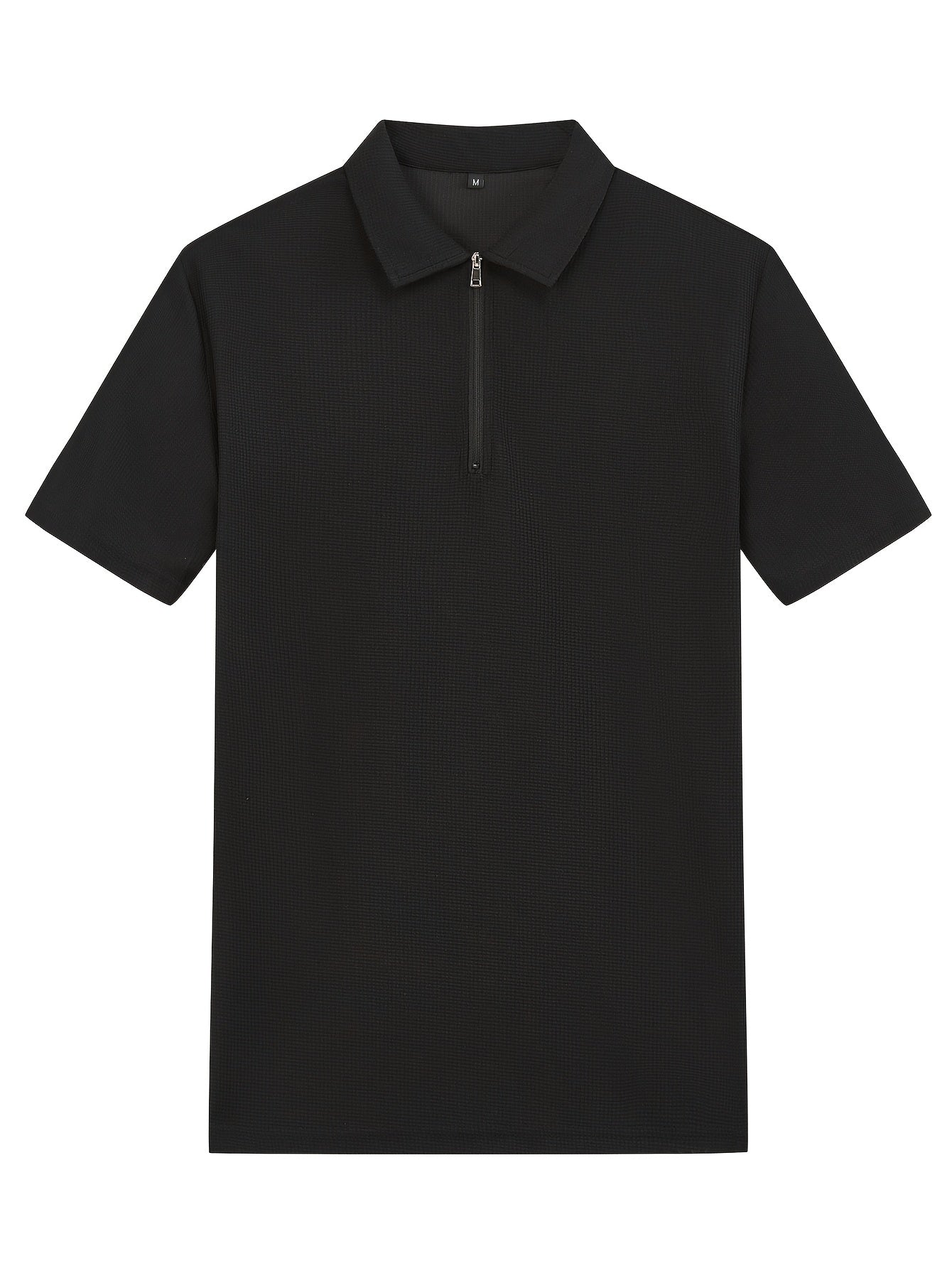 Men's 2pcs Waffle Knit Casual Outfit: Zip-Up Short Sleeve Collared Shirt & Drawstring Pants - Black, Polyester Blend, Ideal for Casual Attire in Spring/Summer