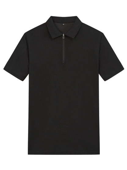 Men's 2pcs Waffle Knit Casual Outfit: Zip-Up Short Sleeve Collared Shirt & Drawstring Pants - Black, Polyester Blend, Ideal for Casual Attire in Spring/Summer
