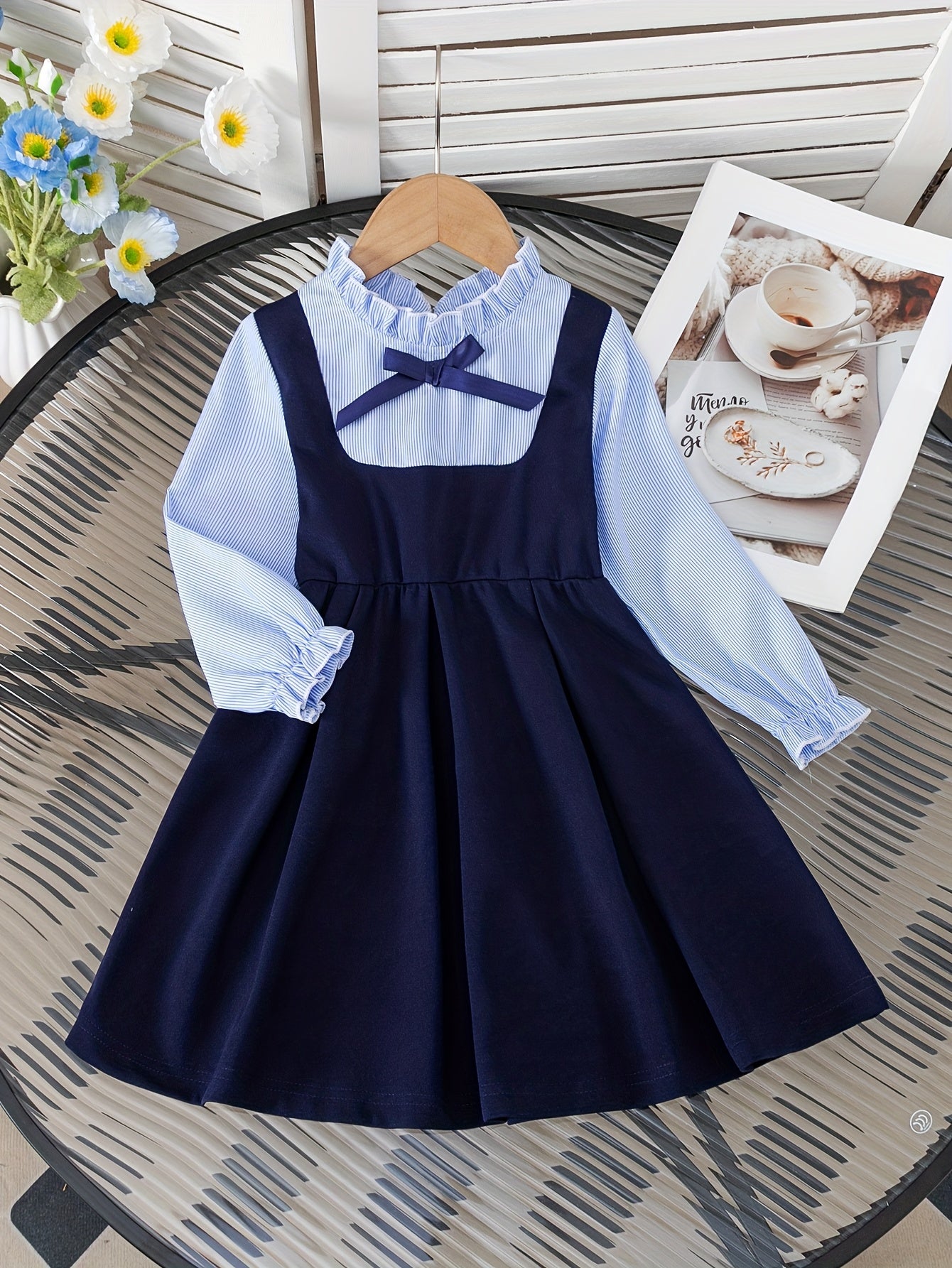 Preppy Stripe Bow Tie-Front Dress for Girls 12 and Under