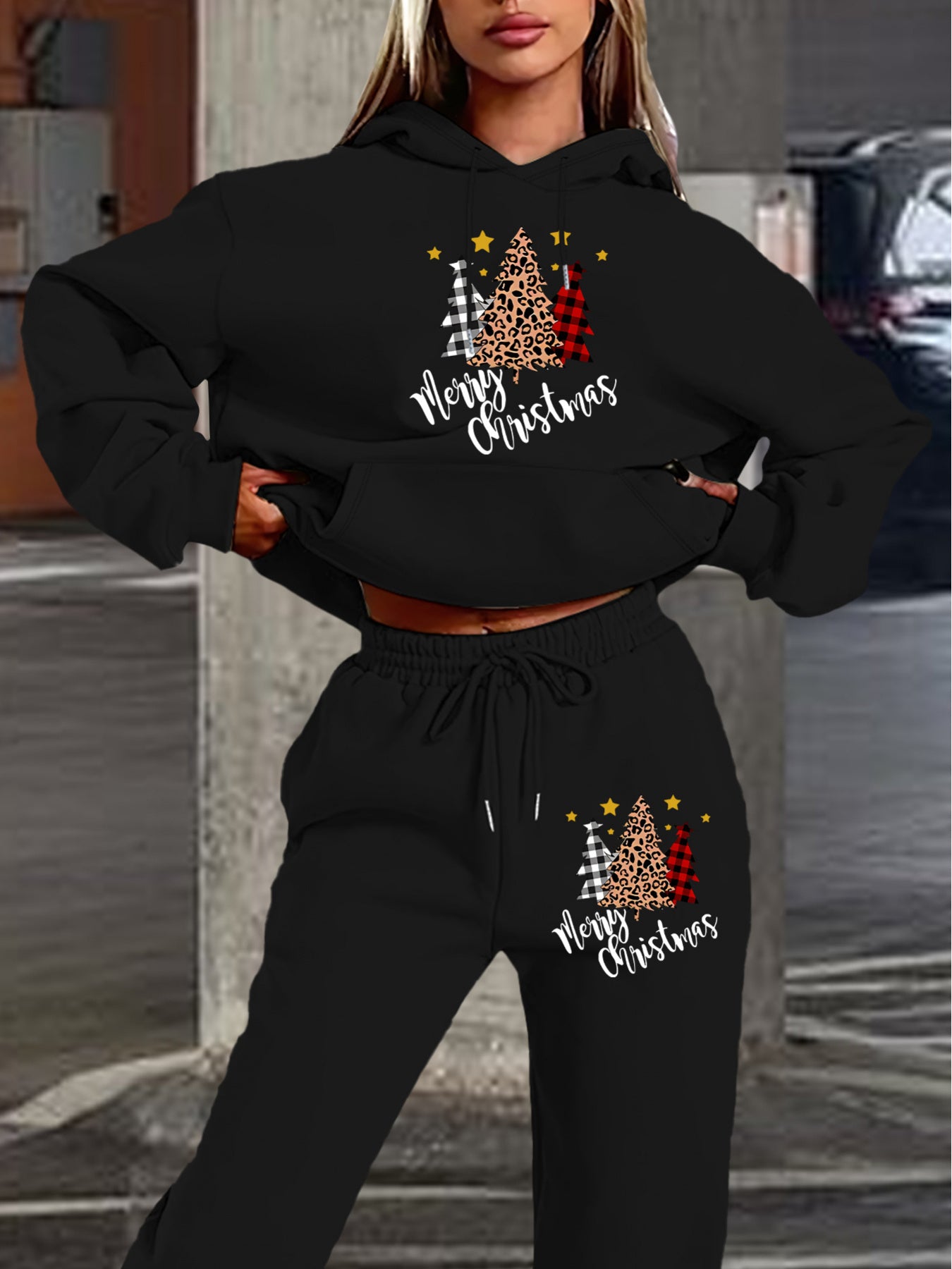 Women'S 2024 New Year Sweatshirt and Pants Set, Hooded Long Sleeve Casual Outfit with Pockets, Polyester Knit Fabric, Geometric Pattern, for Autumn/Winter Season