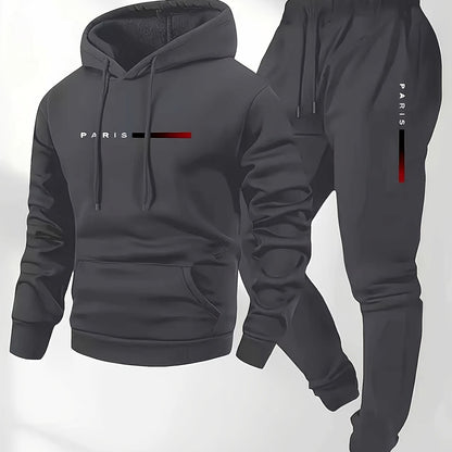 Halloween Men'S Hoodie with PARIS Lettering And Drawstring Sweatpants Set, a Must-Have Outfit for Autumn And Winter, Perfect for Everyday Outdoor Wear - ayq