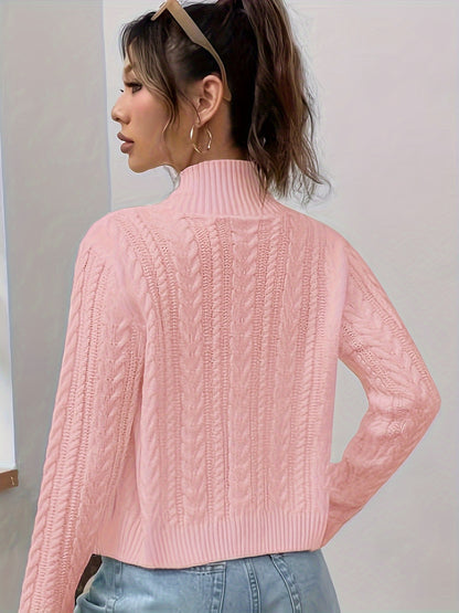 Women's Elegant Zip-Up Cable Cardigan with Stand Collar - Machine Washable Spring/Fall Jacket, White Solid Color, Braided Design & Zipper Front for Casual or Dressy Outfits, Cardigan Sweater, Autumn Layering Piece, Spring Out