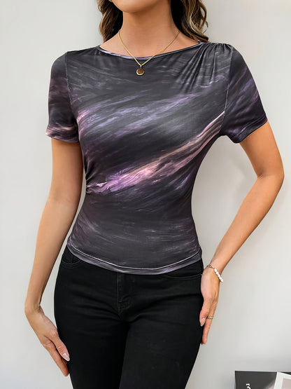 Women's Elegant Tie-Dye Asymmetrical Neckline Short Sleeve T-Shirt - Purple Pink Blue Swirl Print, Breathable Stretchy Fabric, Machine Washable Summer Casual Top
