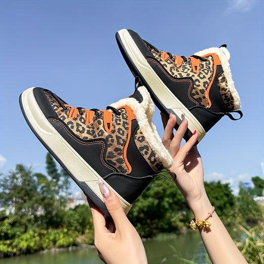 Women'S Stylish Leopard Print Winter Sneakers - Warm Fleece-Lined Casual Shoes with Thick PVC Sole, Black & Orange Design, Perfect for Fall/Winter Outdoor Activities, Winter Sneakers | Leopard Print Shoes | Durable PVC Sole