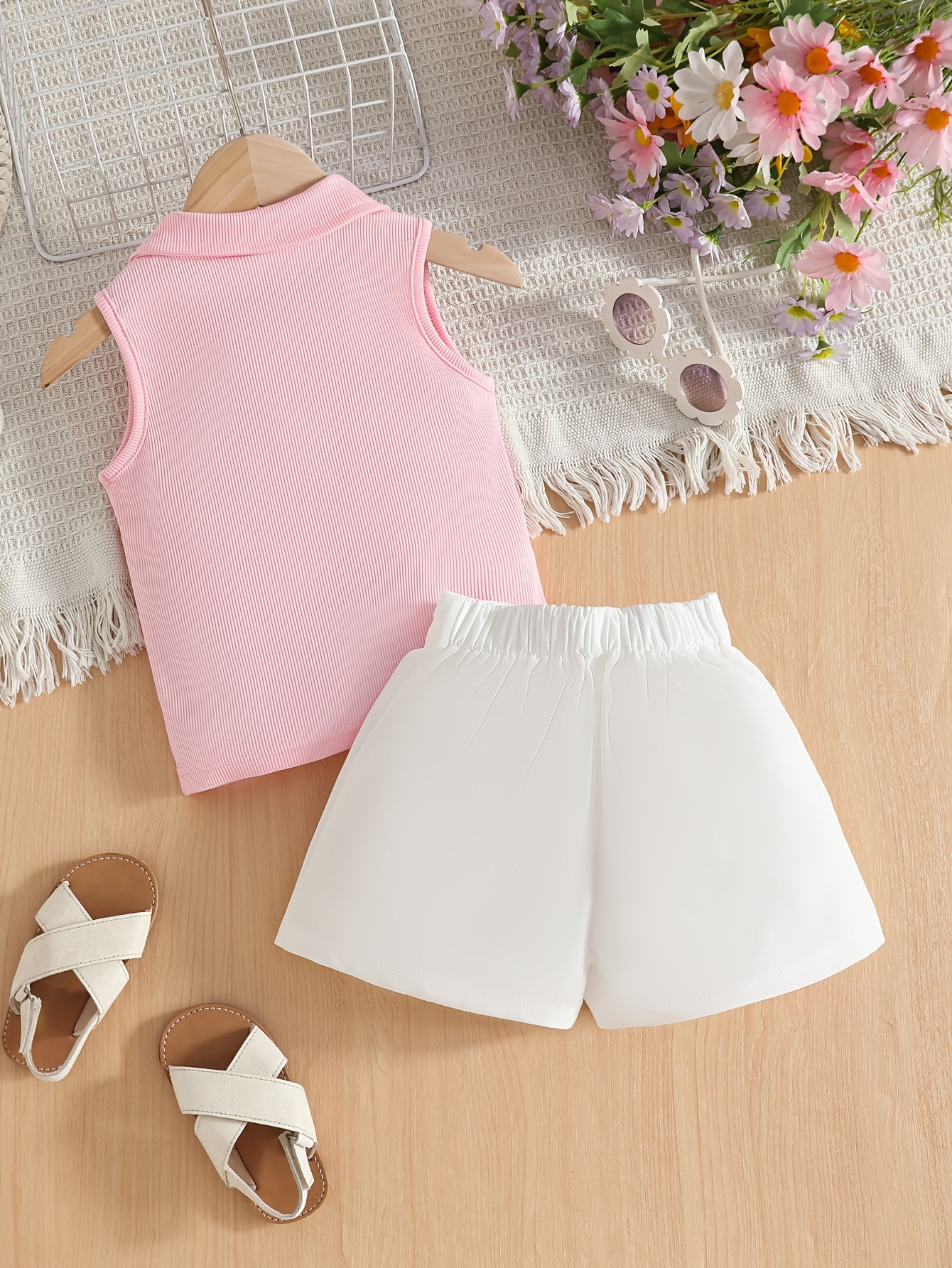 Girls' Sleeveless V-Neck Top & White Shorts Summer Set
