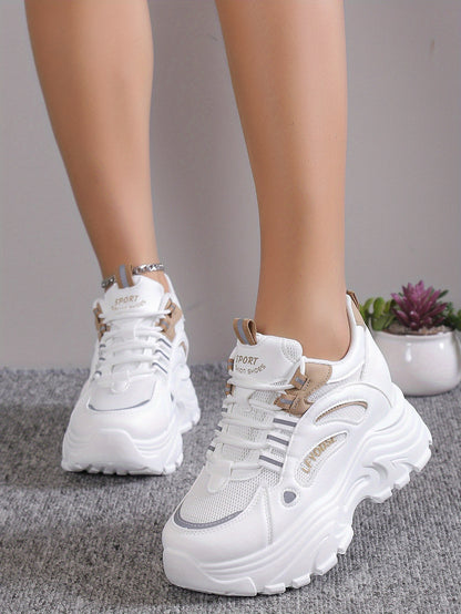 Women's Solid Color Mesh Sneakers, Lace Up Low-top Round Toe Heightening Thick Sole Trainers, Versatile Comfy Shoes