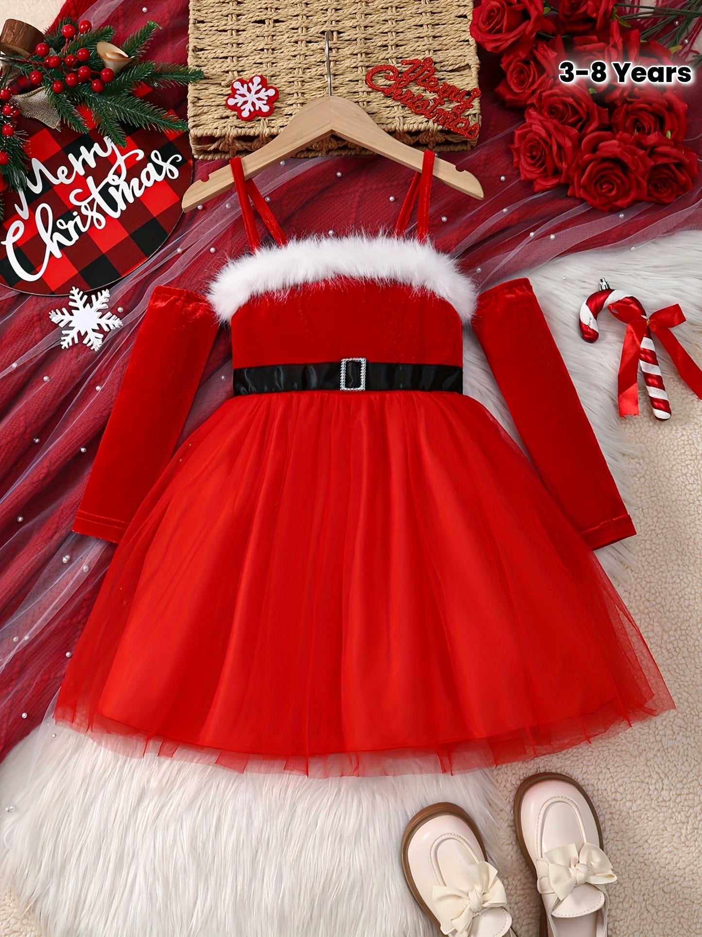 Girls' Christmas Red & White Tulle Dress with Spaghetti Strap Off-Shoulder Neckline, Long Sleeves, Fluffy Trim Hem & Golden Belt - Elegant Party Dress for Holiday Celebrations, Christmas Pageant, New Year's Eve - Machine Wash