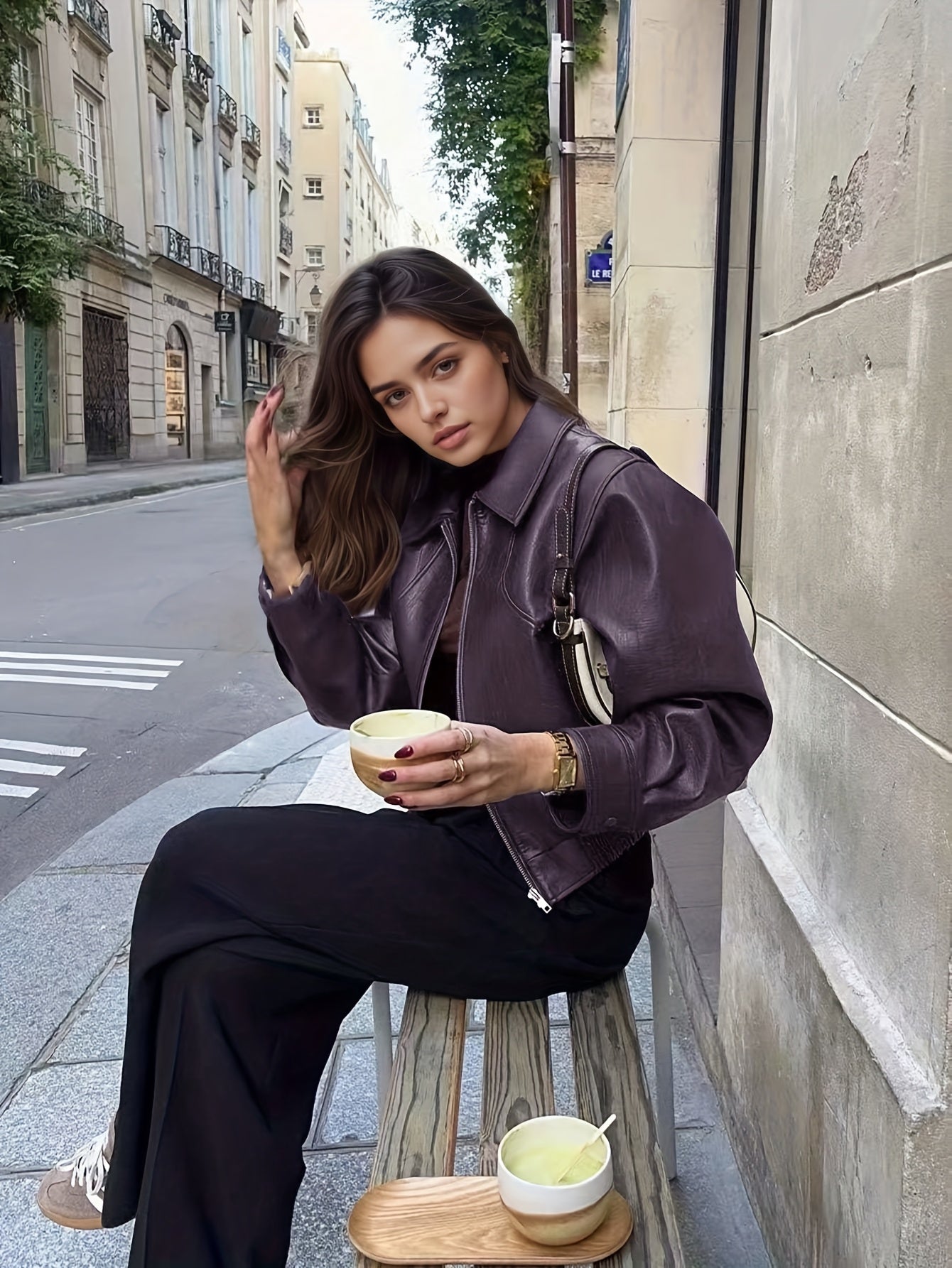 Women's Burgundy Retro-Casual Cropped Jacket with Lapel & Zipper
