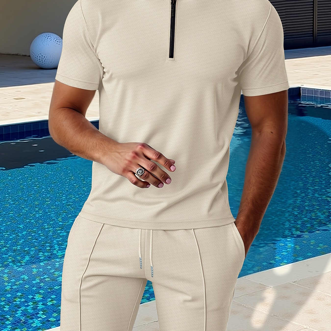 Men's Waffle Knit Zipper Shirt, Rib Collar Short Sleeve T-Shirt, Casual Breathable Summer Top - ayq