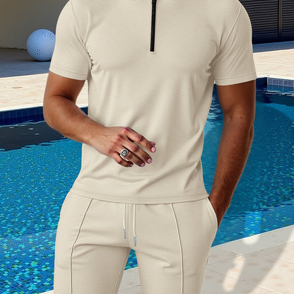 Men's Waffle Knit Zipper Shirt, Rib Collar Short Sleeve T-Shirt, Casual Breathable Summer Top - ayq