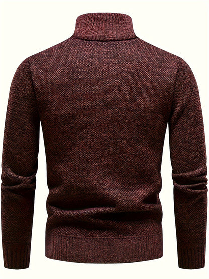 Men's Fleece-Lined Warm Knit Sweater - Autumn/Winter, Solid Color with Stand Collar & Short Zipper Placket, Long Sleeve, Polyester - Ideal for Hiking, Cycling & Casual Attire, Winter Sweater