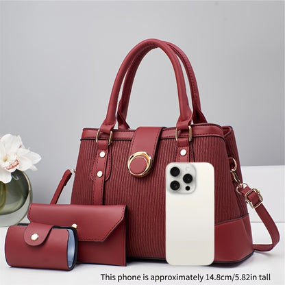 Women's 3-Piece Striped PU Handbag Set with Detachable Strap