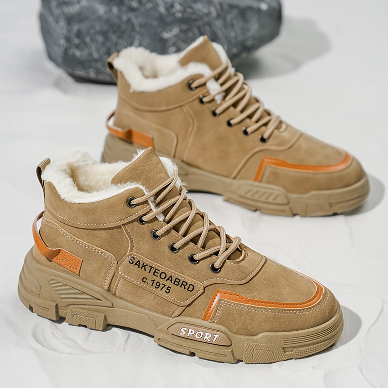 Mid-Top Fleece-Lined Comfortable Warm Gripper Sole Casual Winter Boots for Men and Women, Striped Design. Suitable for Extreme Cold Weather Snowy Conditions with Thick Insulation Lace Closure Anti Slip Durable PVC Outsole Hun