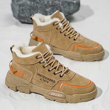 Mid-Top Fleece-Lined Comfortable Warm Gripper Sole Casual Winter Boots for Men and Women, Striped Design. Suitable for Extreme Cold Weather Snowy Conditions with Thick Insulation Lace Closure Anti Slip Durable PVC Outsole Hun