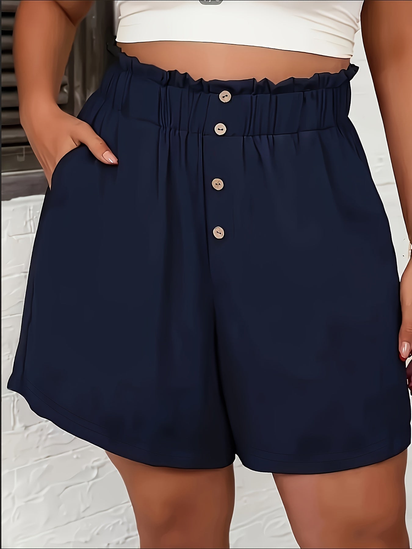 Elegant High-Waist Women's Casual Shorts - Chic Black with Button Detail, Comfy Polyester Blend, Perfect for Summer