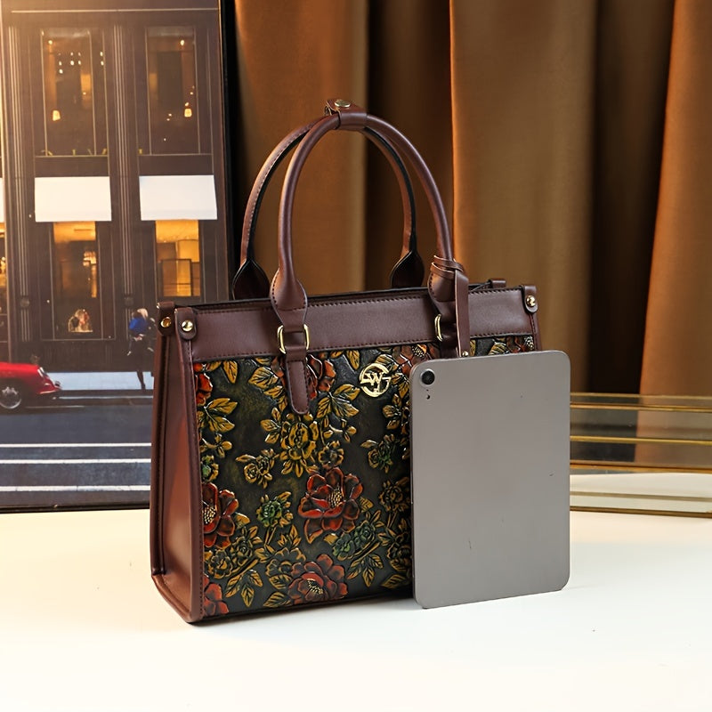 Vintage Floral PU Handbag for Women with Zipper Closure