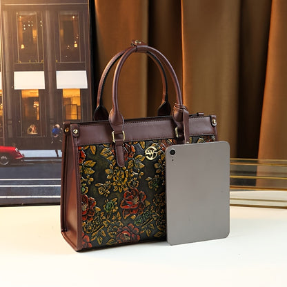 Vintage Floral PU Handbag for Women with Zipper Closure