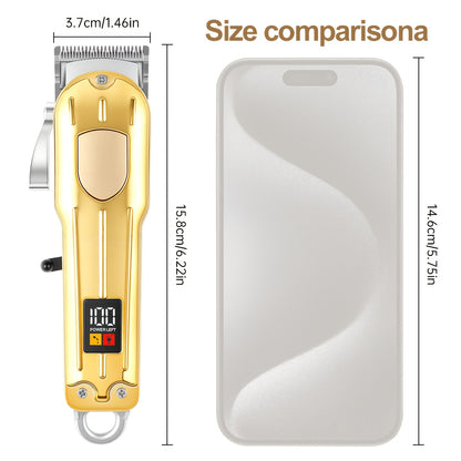 One Piece of a Golden Electric Hair Clipper for Men, Featuring a Professional-Grade Design with an Adjustable Serrated Blade, Four Comb Attachments of Varying Sizes, USB Charging Capability - ayq