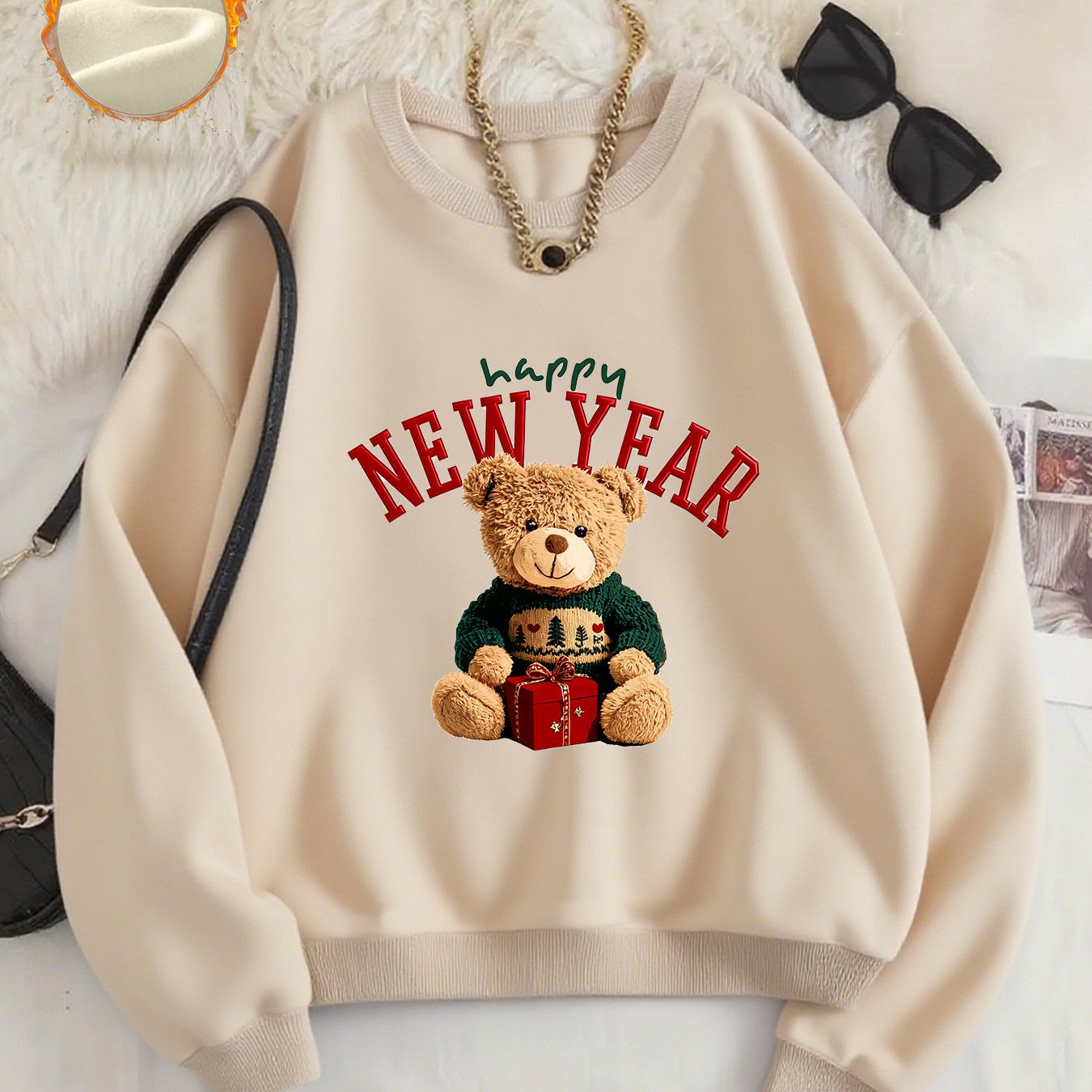 -Lined Women's Crewneck Pullover, Casual Printed Versatile Sweatshirt, Multiple Colors Available