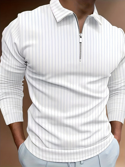 Men's Casual Sports Ribbed Long Sleeve Zipper Lapel Golf Shirt, Spring And Fall