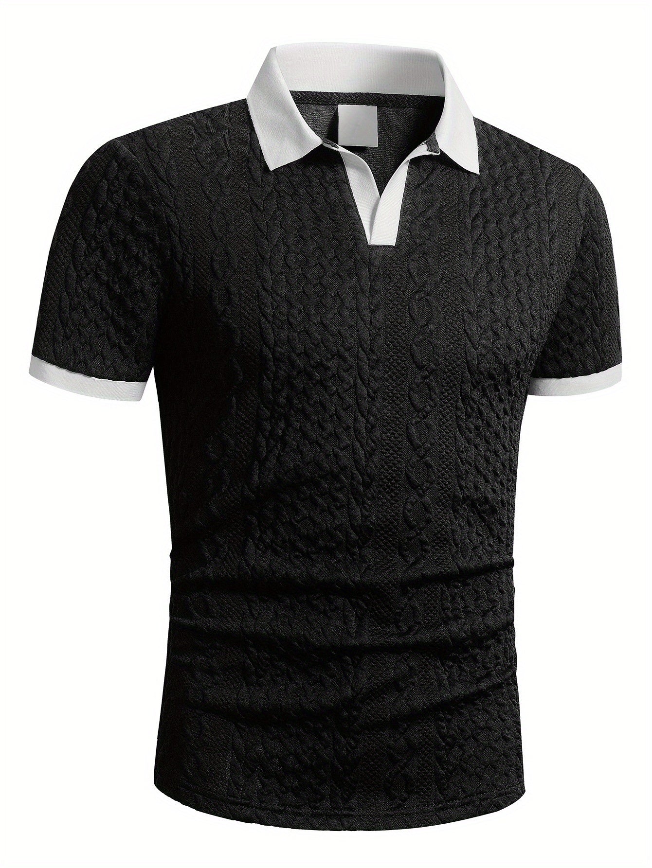 Summer Breathable Italian-style Color-blocked Light-mature Trendy Men's Shirt with V-neck, Slight Stretch, Jacquard Texture, Slim-fit Short Sleeves, Knitted - ayq