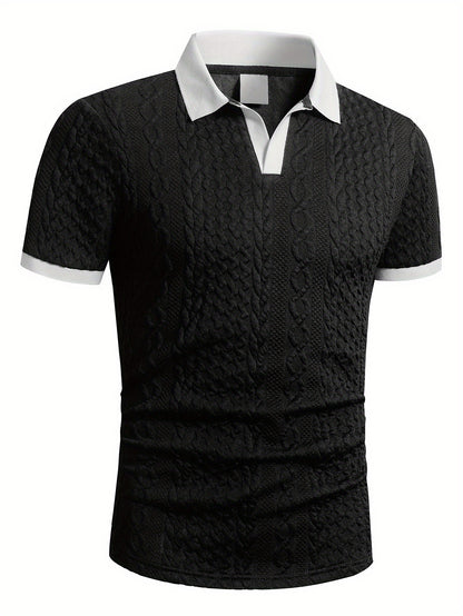 Summer Breathable Italian-style Color-blocked Light-mature Trendy Men's Shirt with V-neck, Slight Stretch, Jacquard Texture, Slim-fit Short Sleeves, Knitted - ayq