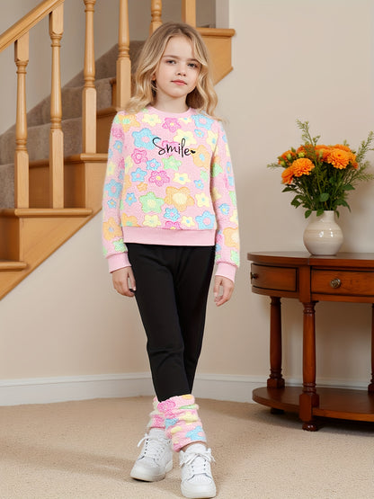 Աղջիկների աշնանային և ձմեռային նորաձև տաք հավաքածու «Ժպիտ» ասեղնագործությամբ, գունագեղ ծաղկային ապլիկացիայով բրդյա բաճկոնով և լայնածավալ տաբատով, իդեալական է բացօթյա օգտագործման համար