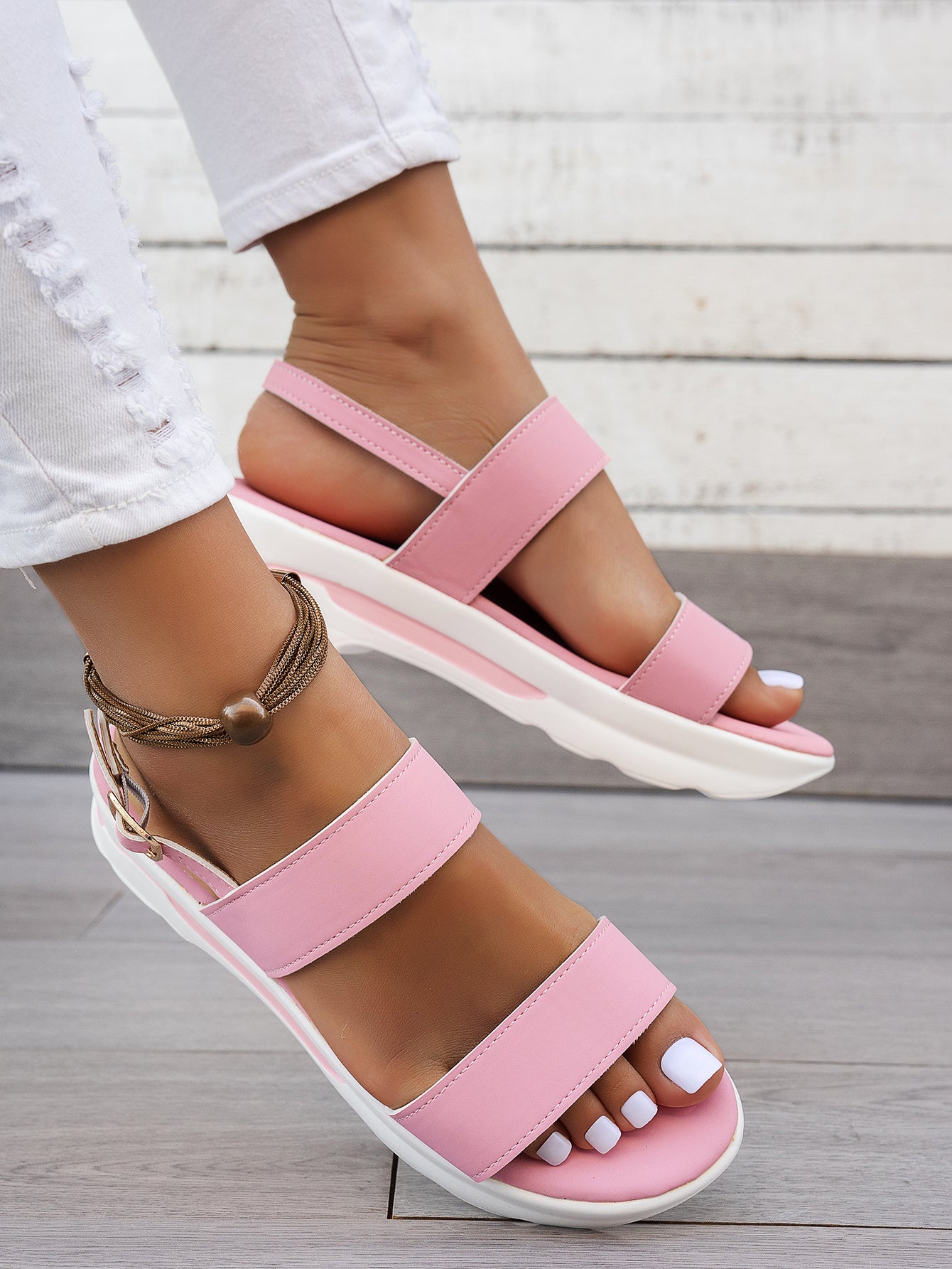 Mhysa Women's Comfortable Open-Toe Platform Sandals with Thick Sole & Golden Buckle Strap - Summer Casual White PU Cover Ankle Strap Sandals for Casual Attire, Ladies Sandals