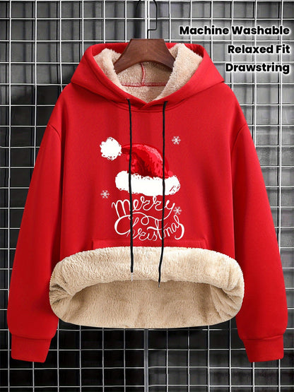 Men's Red Hooded Christmas Sweater with White Fur-like Collar & Golden Trim - Long Sleeve Loose Fit Casual Pullover, Machine Washable Winter Warmth for Holiday Parties, New Year's Eve & Winter Events - Festive Sweater for Men