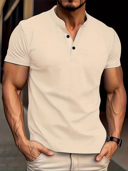 Men's Solid Waffle Stand Collar Short Sleeve Golf Shirts, Casual Style Slight Stretch Regular Fit Summer Tops, Summer Golf Shirts