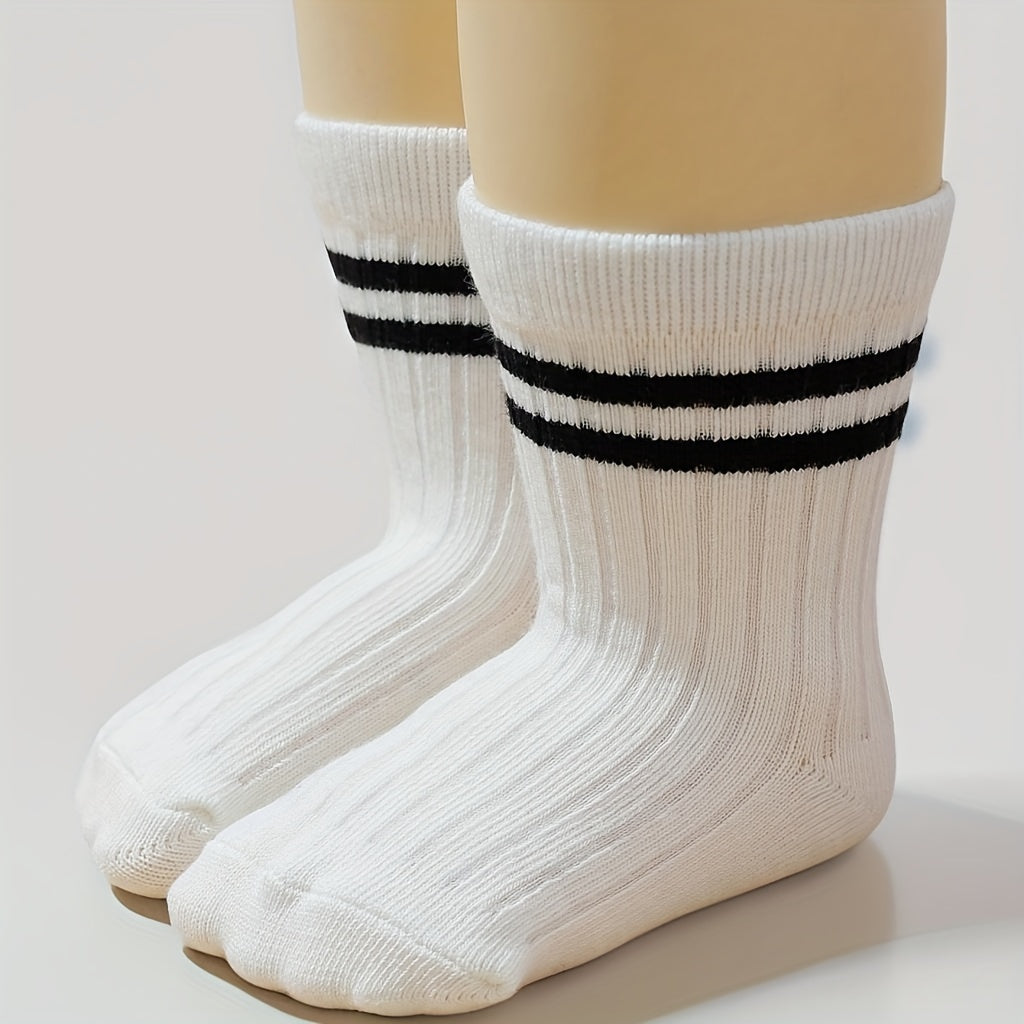 5 Pairs Of Men's And Women's Baby Mid-Calf Socks with Ribbing And Double Bars Sports Socks