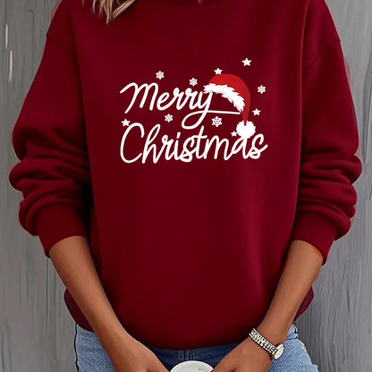 Women'S Christmas Letter Print Crew Neck Pullover Sweatshirt - Elegant Casual Long Sleeve Fleece-Lined Top with Festive Santa Hat & Star Design, All-Season Comfort for Holiday & Casual Attire, Christmas Sweatshirts, Seasonal