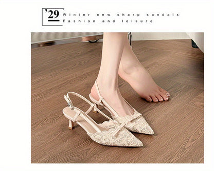 Women'S Elegant Lace-Embroidered Pointed-Toe High Heel Sandals - Beige Block Heel, Ankle Strap with Buckle, Breathable Mesh Upper, Comfortable Summer  All-Season Wear, High Heel Sandals