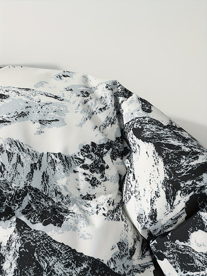 Men's Winter Mountain Camo Hooded Jacket with Insulating Polyester Fill - Stand Collar & Zippered Pockets, Machine Washable Outdoor Coat for Hiking, Camping, Casual Wear - White/Black/Gray (Regular Fit) by Ocean Muai Xing