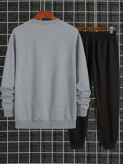 Men's Casual Sports Sweatshirt Set, Loose Fit Pullover Hoodie with Print, Polyester Blend, Round Neck, Stretch Knit, Autumn/Winter Collection