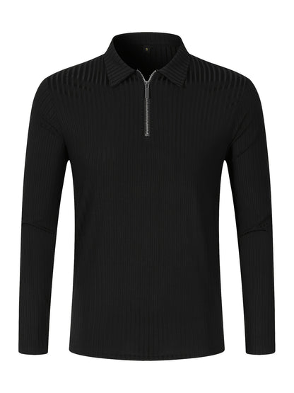 Men's Casual Sports Ribbed Long Sleeve Zipper Lapel Golf Shirt, Spring And Fall