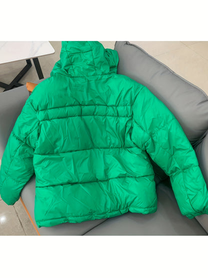 Կանացի նորաձև ձմեռային կայծակաճարմանդով և գլխարկով բաճկոն - ամենօրյա, հաստ վերնազգեստ գրպաններով, երկար թևքերով, չձգվող գործվածք, միագույն, 100գ/մ², իդեալական է ցուրտ եղանակի համար, ձմեռային հագուստ