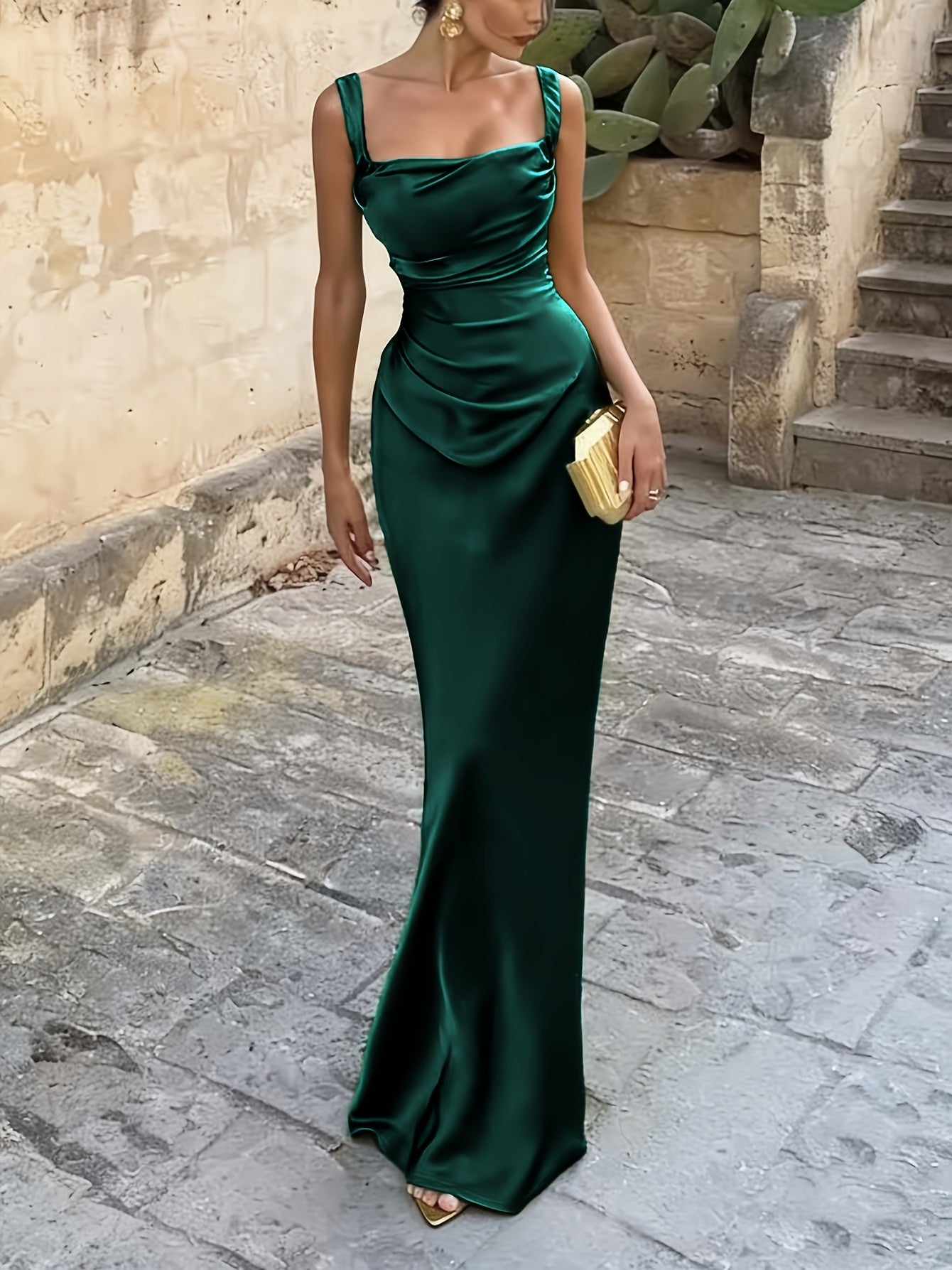 Women's Elegant Satin Bodycon Dress with Ruched Waist and Asymmetrical