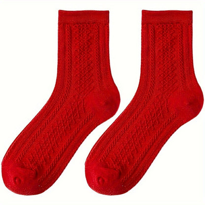 5 Pairs Women'S Red Socks with Intricate Embossed Patterns - Cozy Winter Socks for Fall & Winter, Soft & Durable, Solid Color Design, Perfect for Casual or Holiday Wear, Holiday Socks | Embossed Sock Design | Construction, Cu