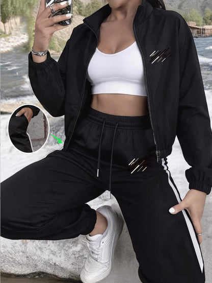 2pcs Geometric Print Polyester Jacket and Pants Set for All Seasons - ayq
