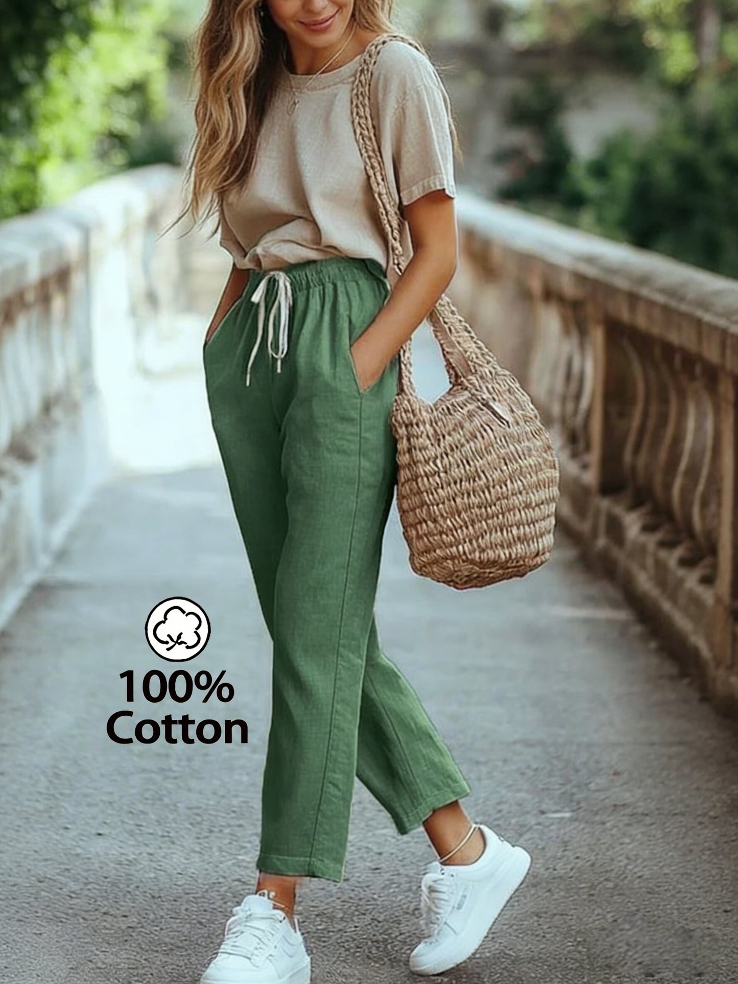 Women’s French-Style High-Waist Cotton Ankle Pants, Casual Straight Le