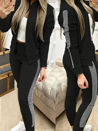 Two-Piece Outfit for Women Featuring a Geometric Design, Long-Sleeve Zip-Up Jacket, And Pants with Symmetrical Pockets - ayq