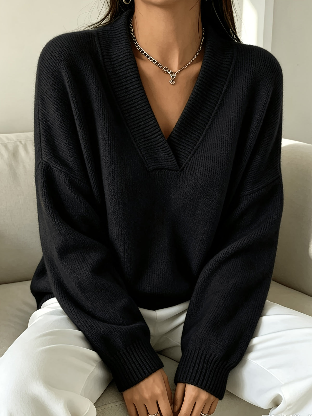 Plus Size Women's V-Neck Pullover Sweater with Double-Layer Collar