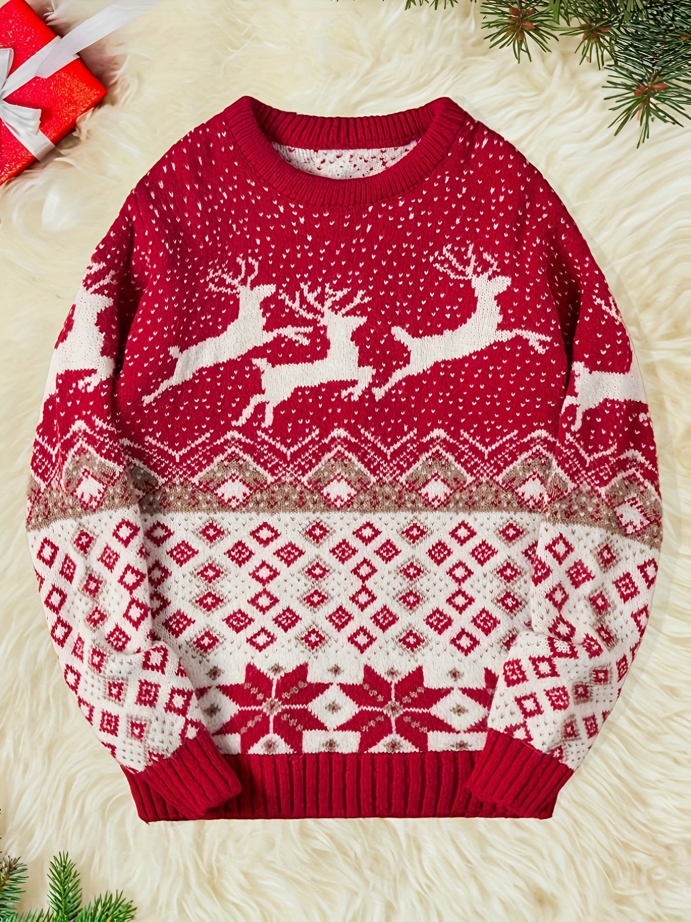 Men's Red & White Nordic Winter Knit Sweater with Reindeer & Snowflake Patterns - Soft Round Neck Long Sleeve Christmas Sweater for Men, Cozy Casual Winter Sweater for Holiday Parties & Casual Attire, Hand Washable, Festive S