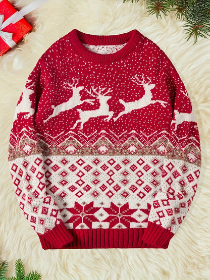 Men's Red & White Nordic Winter Knit Sweater with Reindeer & Snowflake Patterns - Soft Round Neck Long Sleeve Christmas Sweater for Men, Cozy Casual Winter Sweater for Holiday Parties & Casual Attire, Hand Washable, Festive S