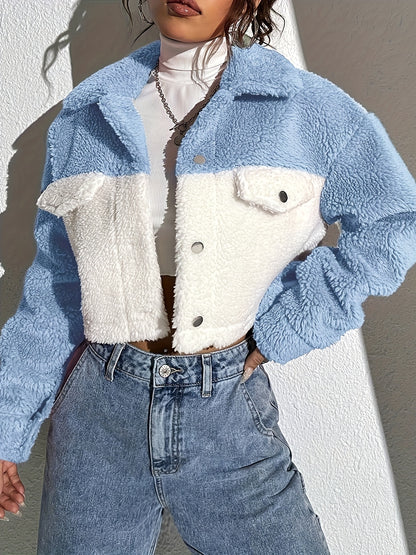 Women'S Elegant Color-Blocked Faux Fur Coat - Chic White & Light Blue Two-Tone Design, Long Sleeve Winter Coat with Belted Waist, Soft Warm Outerwear for Fall/Winter, Versatile Casual to Formal Wear, Ladies Winter Coats, Seas