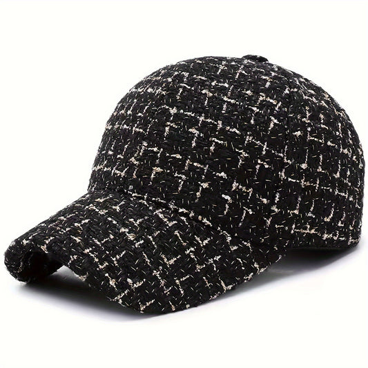 1pc Trendy Black & White Checkered Baseball Cap with Sparkly Golden Embroidery - Stylish Sun Protection Hat for Spring and Fall, Hand Wash Only, Polyester Material, Casual Wear Hat | Checkered Pattern Cap | Woven Texture Cap