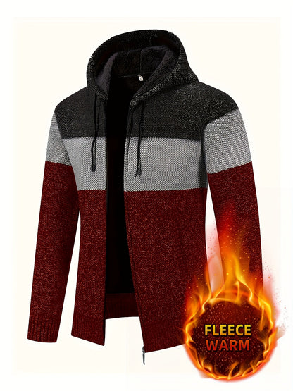 Men'S Fleece-Lined Hooded Sweater | 100% Polyester Knit | Mature Style | Striped Pattern | Long Sleeve | Regular Fit Hoodie with Medium Stretch Fabric | Casual Autumn & Winter Outerwear